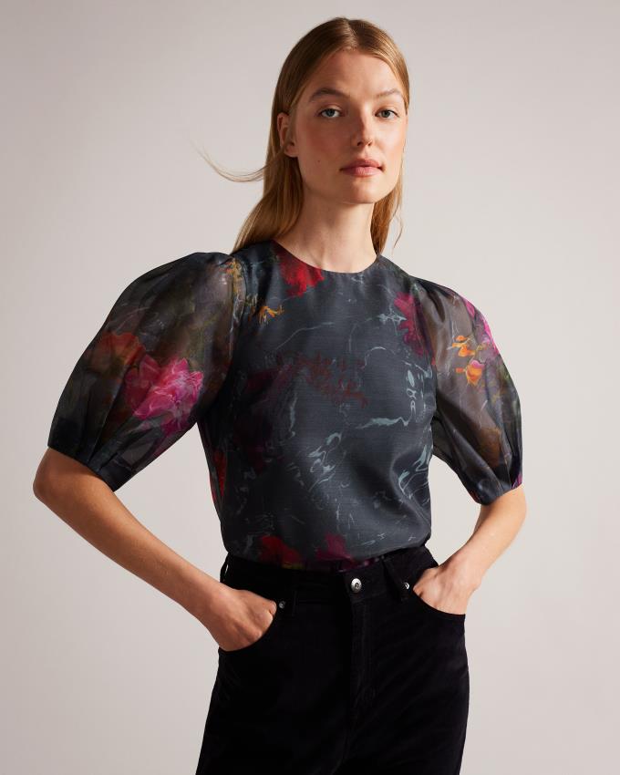 Hauts Ted Baker Boxy Cropped with Puff Sleeve Noir Femme | YXV-77479563